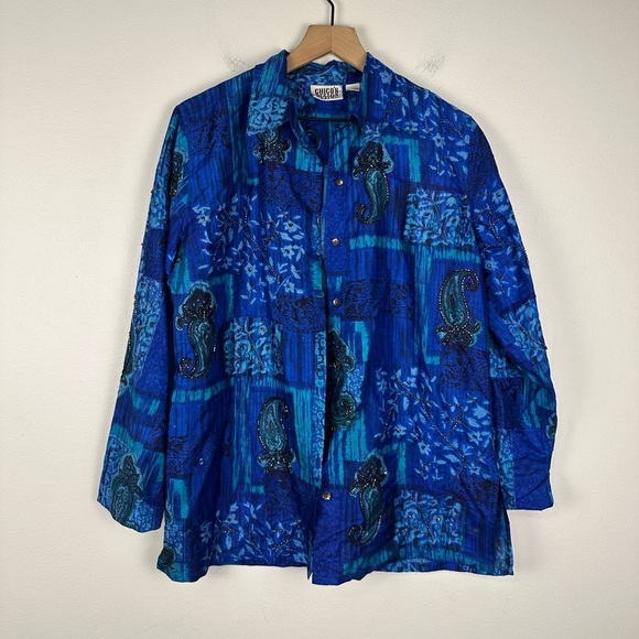 Vntg Chico's Design Silk Raw Blue Paisley Beaded Button Up Jacket Blouse Sz 1 - Picture 1 of 10